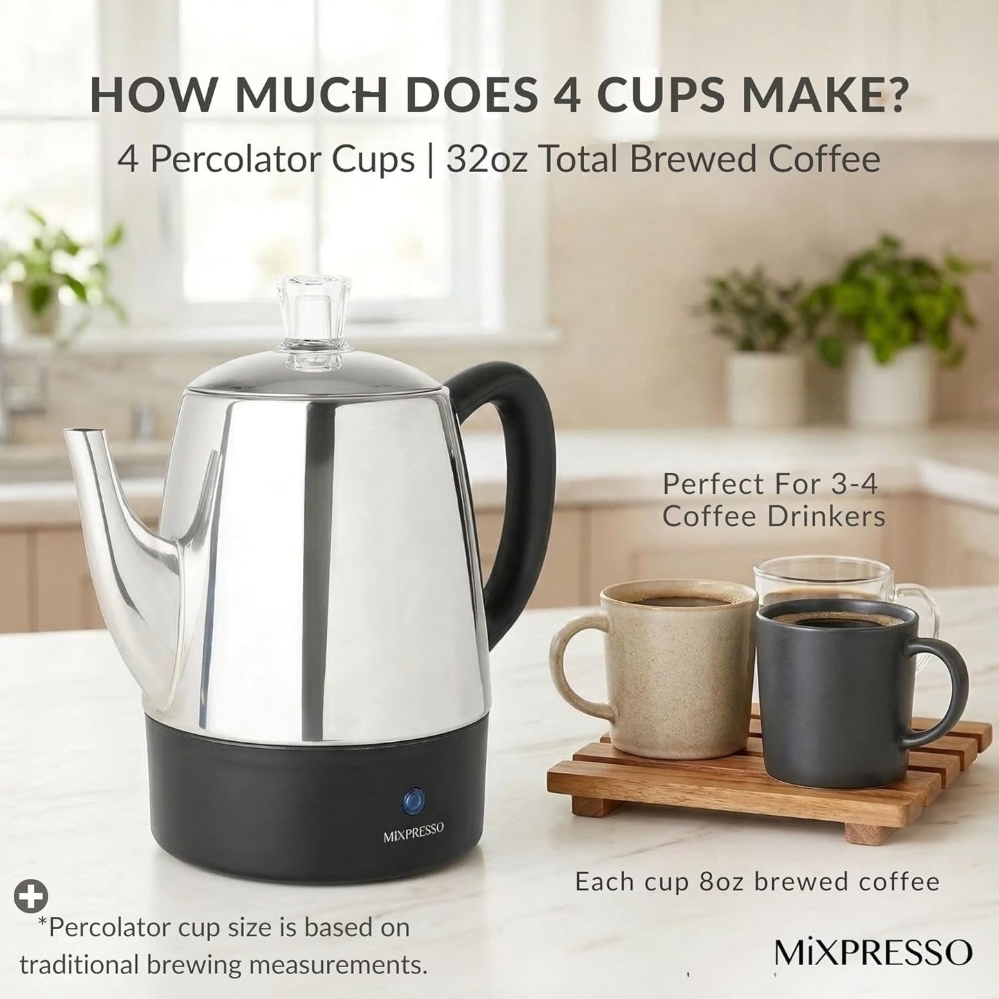 4 Mixpresso Small Electric Percolator Coffee Pot Cup Stainless Steel - Coffee Percolator Electric with Keep Warm