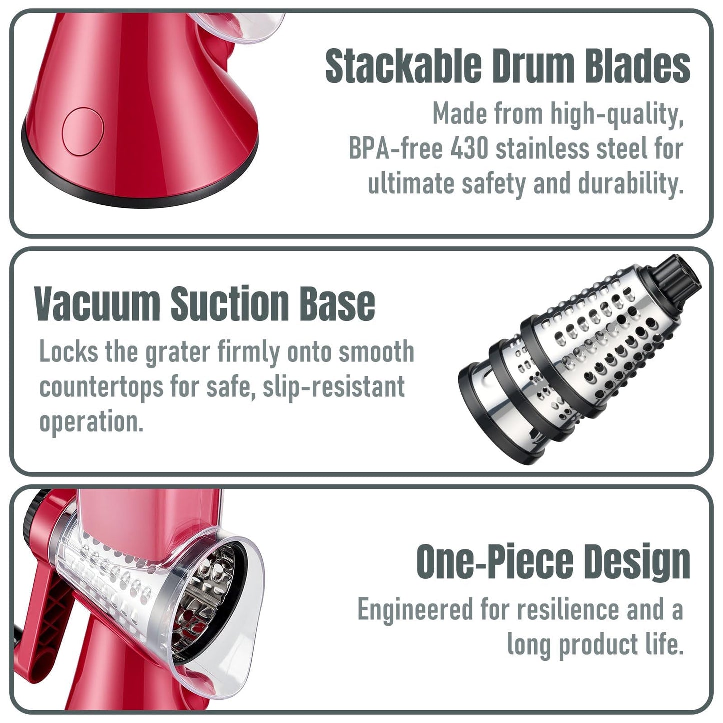 KYZ Rotary Cheese Grater - 12X Faster Hand Crank Vegetable Slicer with 3 Premium Stainless Steel Blades, Strong Suction Base, Dishwasher Safe Food Shredder for Cheese, Vegetables, Nuts, Chocolate