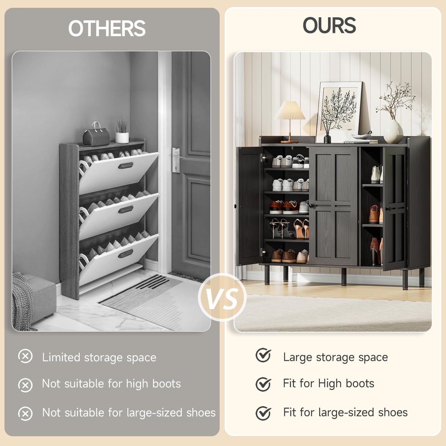 ONBRILL Shoe Cabinet with 3 Doors and Adjustable Shelves, 30 Pairs Shoe Storage Cabinet, 40 Inch Tall Farmhouse Shoe Rack Shoe Organizer Cabinet for Entryway Living Room Closet, Black