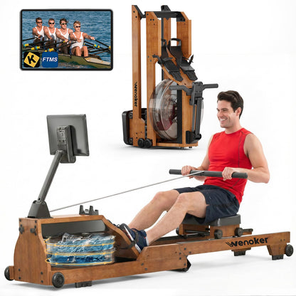 Water Rowing Machine for Home Use, WENOKER Foldable Wooden Rower Machine with Adjustable Monitor & Bluetooth APP, Large Water Tank & Comfortable Seat for Immersive Water Rower, 350LBS Weight Capacity