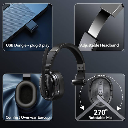 TECKNET Trucker Bluetooth Headset, Stable V5.2 & USB Dongle Connection, 70h Wireless Bluetooth Headsets with Mic and Mute, ENC Noise Canceling, Headset for Truck Drivers, Cell Phone, PC Comfort Office