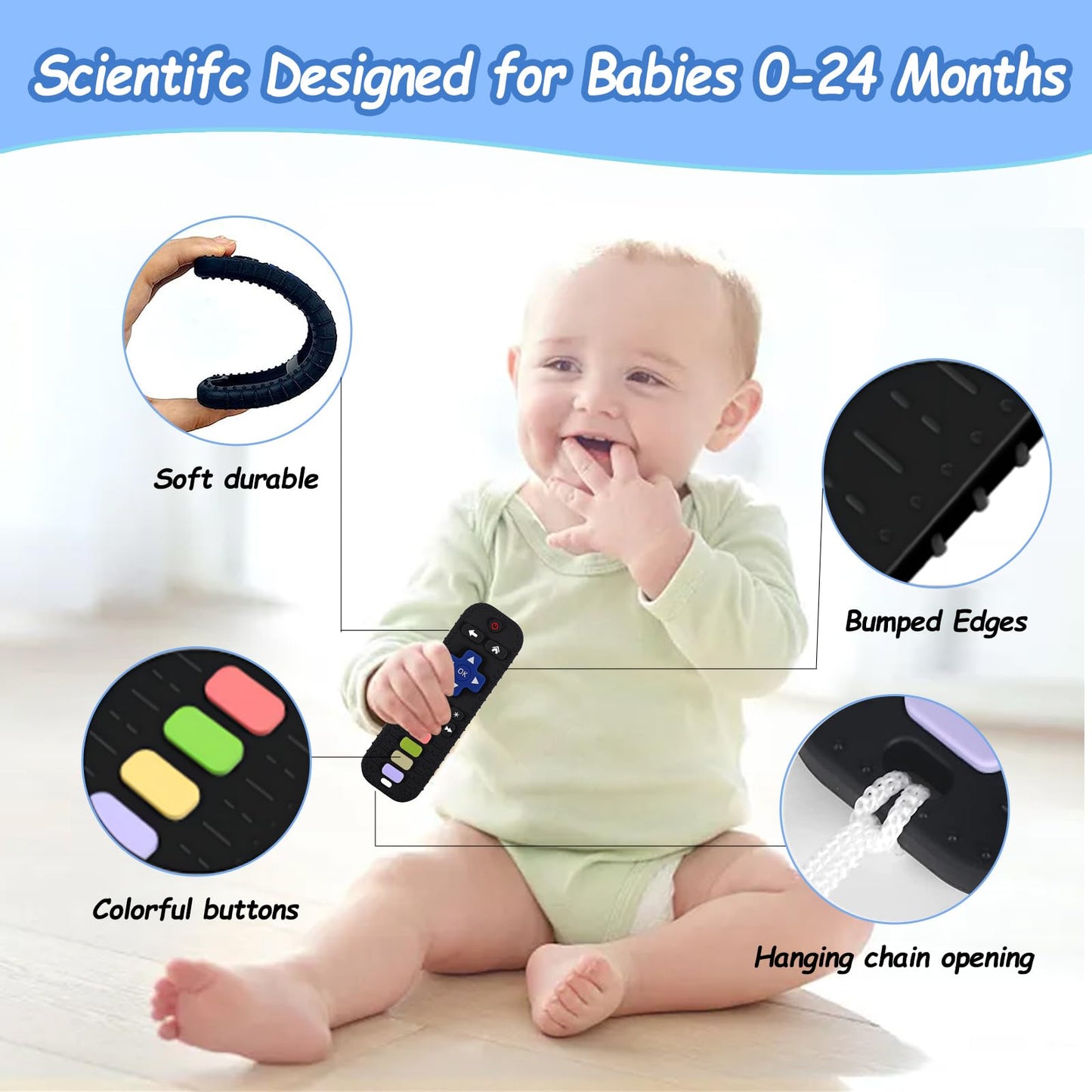Jkevow Baby Teething Toys, Silicone Teethers Toys for Babies 0-24 Months, Remote Control Shape Baby Teethers Chew Toys, BPA Free Freezable Relief Molars Gums Pain (Black)