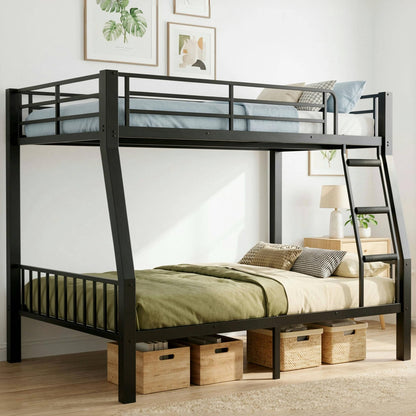 Mixcous Full XL Over Queen Bunk Bed for Adults, Heavy Duty Metal Bed Frame with Full-Length Guardrails & Anti-Slip Ladder, Noise-Free, No Box Spring Needed, Space Saving Queen Bunk Bed, Black
