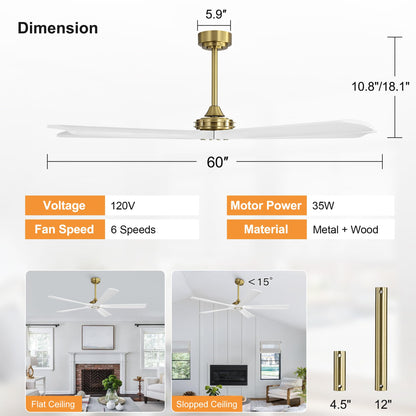 WINGBO 60 Inch Ceiling Fan without Light - 5 Carved Solid Wood Blades, 6-Speed Reversible DC Motor, Noiseless Remote Control Ceiling Fan No Light for Bedroom Living Room Kitchen, Gold and White