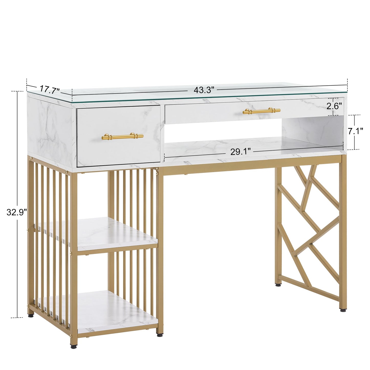 BarberPub Modern Manicure Table with Drawers, Marbling Texture Nail Desk with Storage Shelves, Glass Top, Beauty Salon Nail Station 2460 (White)