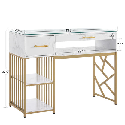 BarberPub Modern Manicure Table with Drawers, Marbling Texture Nail Desk with Storage Shelves, Glass Top, Beauty Salon Nail Station 2460 (White)