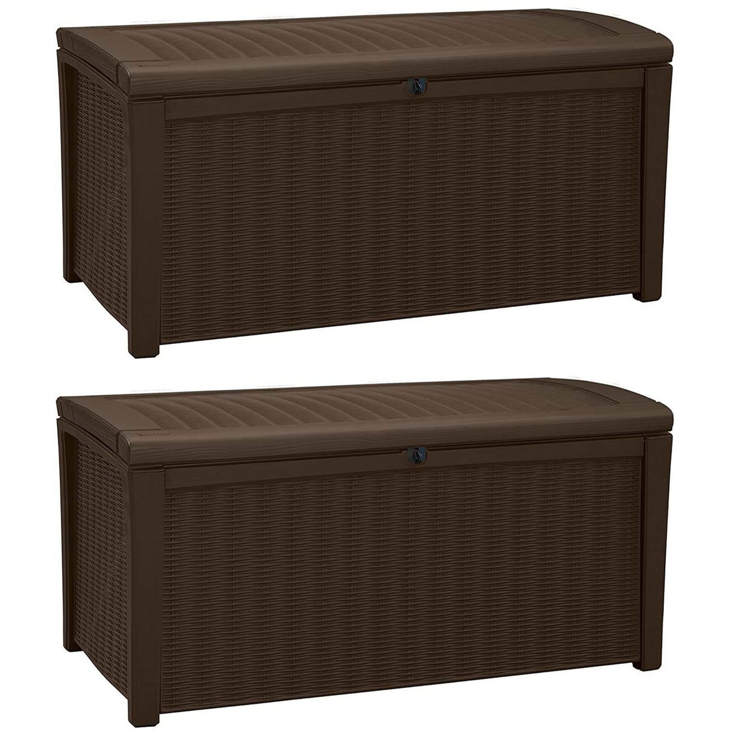 Keter 2-Pack Borneo 110 Gallon Deck Box Organizer, Doubles as 2-Person Bench Seat, Brown – Large Resin Outdoor Storage and Seating with Lockable Lid for Garden, Pool, and Patio