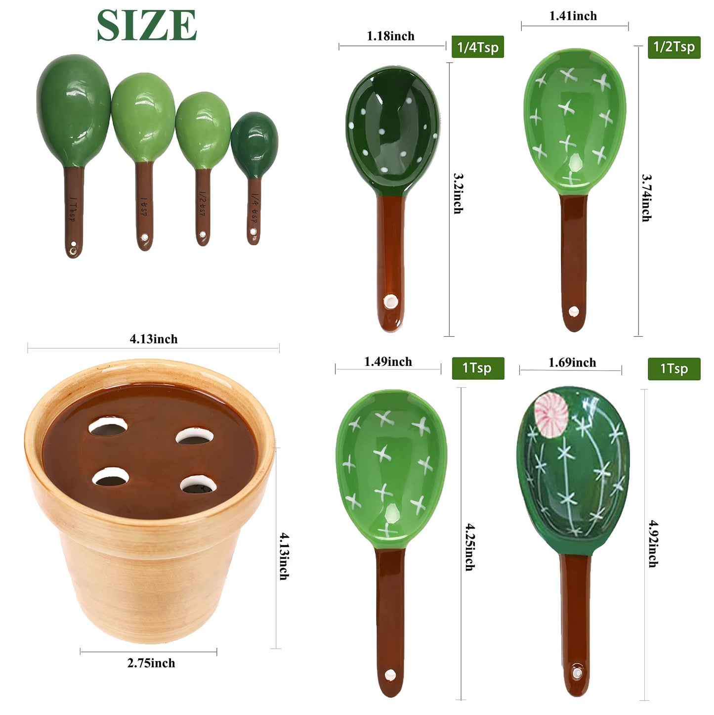 5 Pieces Measuring Spoons Set/Ceramics Spoons and Measuring Base Cup/for Dry and Liquid Ingredient, Cute Cactus Shape (Solid color base)