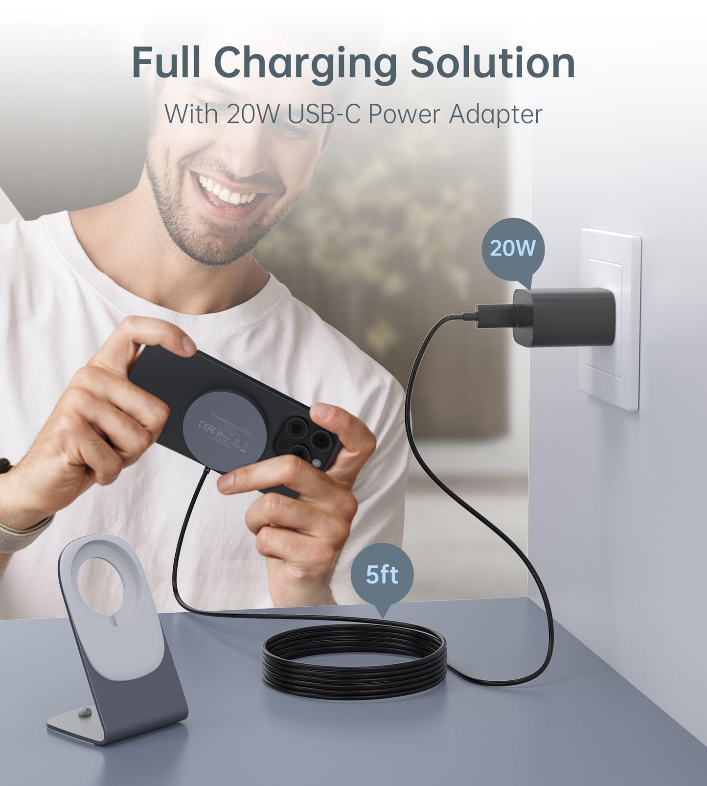 Magnetic Wireless Charger for iPhone 17/16/15/14/13/12 - Mag Charger+20W USB C Adapter, Fast Wireless Charging Stand/Pad with 5ft USB-C Cable for iPhone 17/16/15/14/13/12 Pro Max Plus Mini Air, Airpod