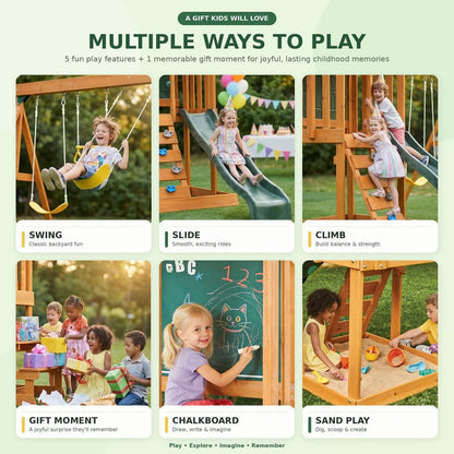 AkiiGer Cedar Wooden Backyard Playset with Swings, Wave Slide, Rock Wall Ladder, Sandbox Chalkboard & Canopy Roof, Outdoor Swing Set