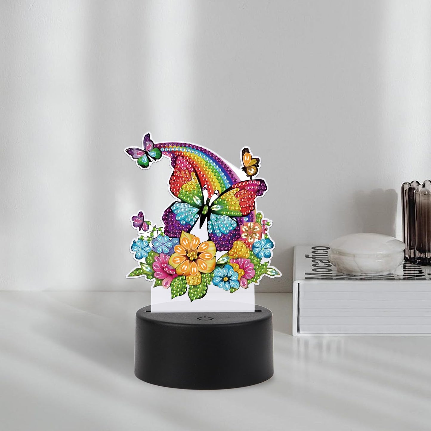 JISHSHAY Diamond Painting Night Light Diamond Art Table Lamps Gem Art LED Lights Gem Painting Desk Lamp Mosaic Kits for Adults DIY Kits for Adults with Special Drill Rainbow Butterfly Flower