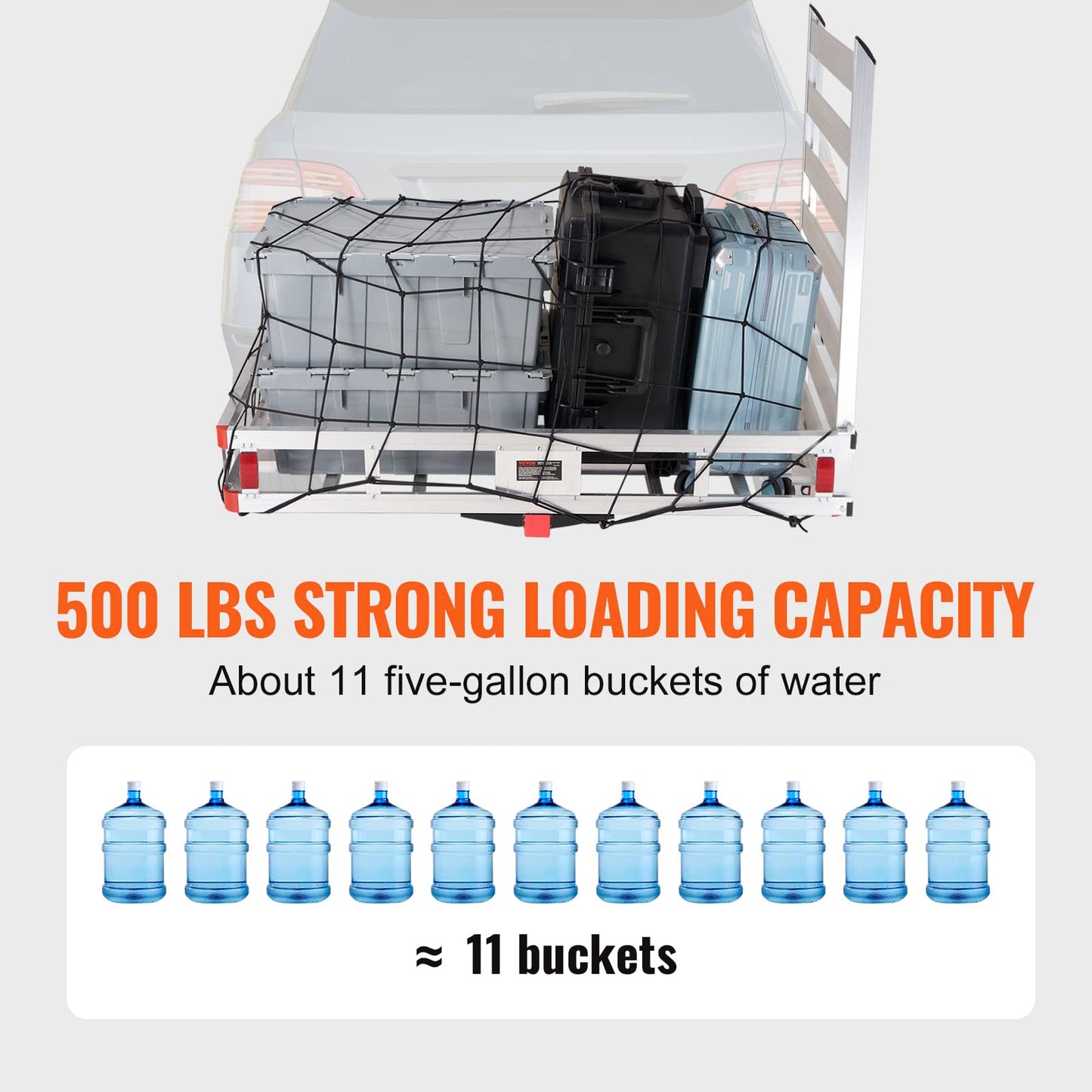 VEVOR 50 x 29.5 x 8.7 inch Hitch Cargo Carrier, 500lbs Capacity Trailer Hitch Mounted Cargo Basket, Aluminum Luggage Carrier Rack with Folding Ramp, Fits 2" Receiver for SUV Truck Pickup Camping