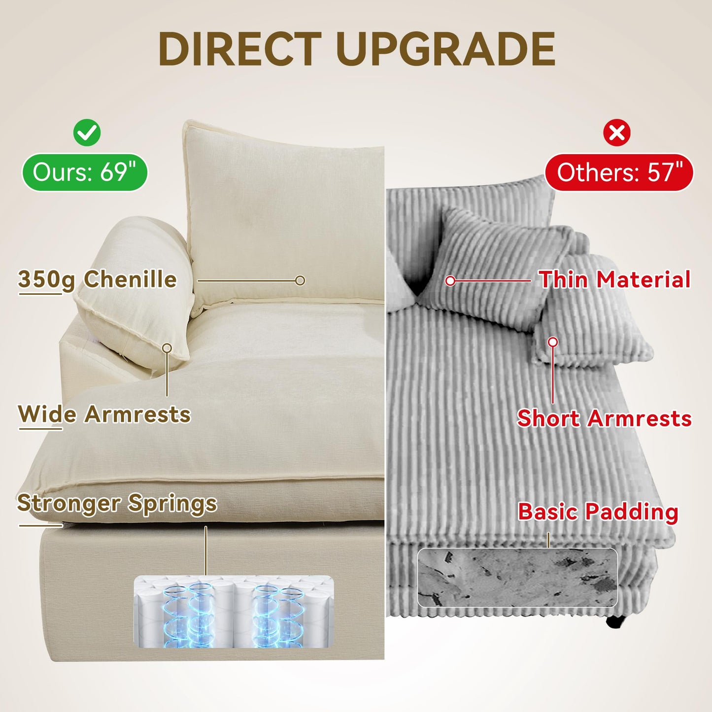WUTUTUEE 69" Oversized Chaise Lounge Chair Indoor, No Assembly Beige Lounge Couch, Chenille Upholstered Sofa Bed with Pockets, Oversized Reading Chair with Ottoman for Living Room, Bedroom, Office