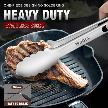 Walfos Stainless Steel Kitchen Tongs for Cooking- 7 ，9 and 12 Inch, Food Grade Metal Tongs for Cooking, BBQ, Set of 3 Heavy Duty Locking Cooking Tongs Non-Slip Grip