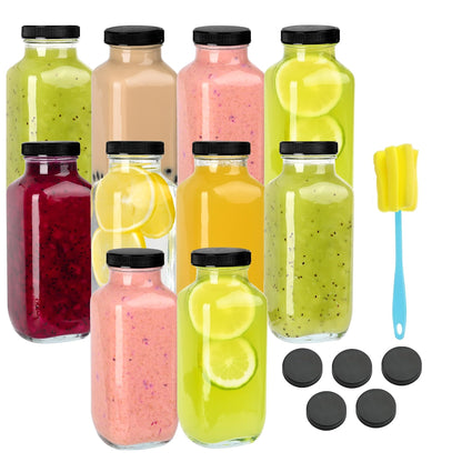 Benestanti 10 Pack 16oz Glass Juice Bottles with Lids - Reusable Juicing Bottles Glass Drinking Jars Containers with Airtight Lids & Cleaning Brush - Perfect for Juicing,Milk,Kombucha, and Storage