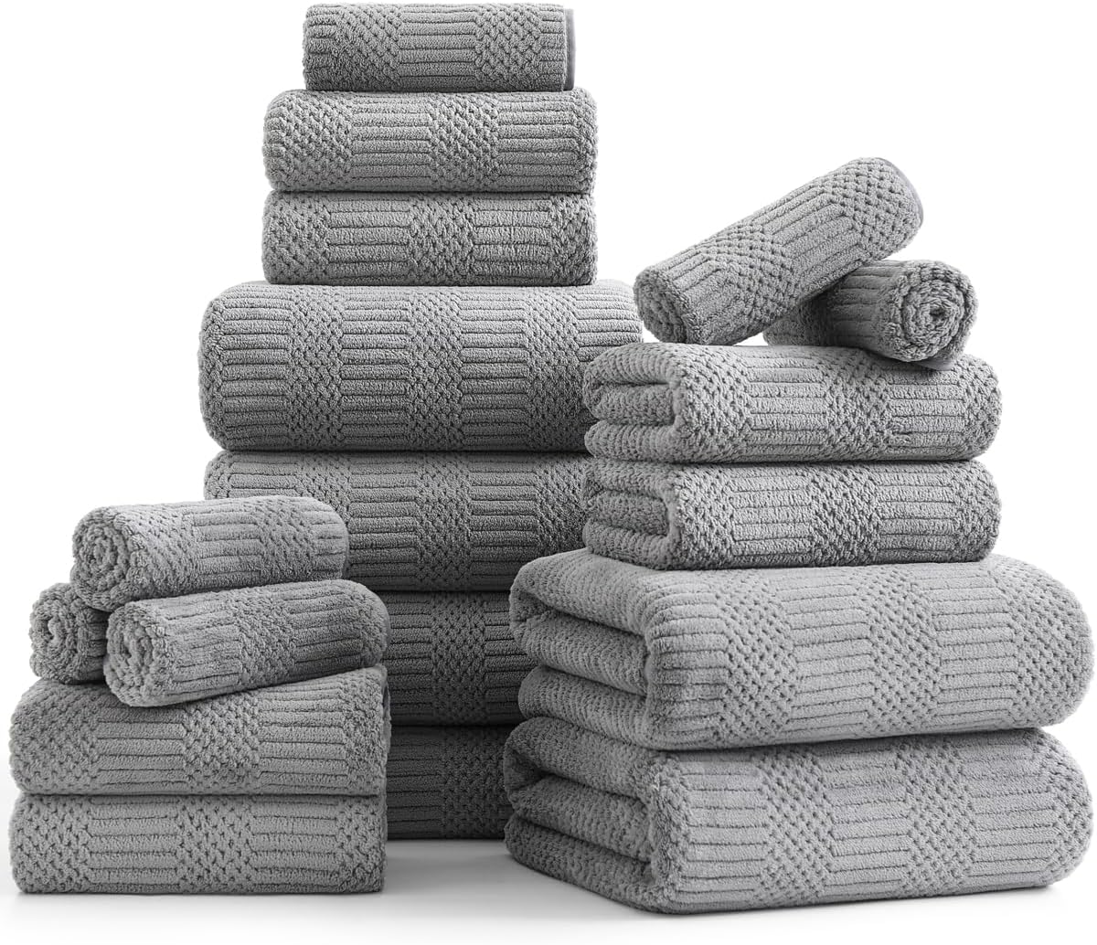 18 Set-6 Sheets,6 Towels,6 Set Pcs Gray Woven Family Towels Bath Hand Washcloths Soft Microfiber Towels Absorbent
