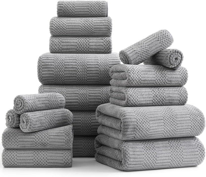 18 Set-6 Sheets,6 Towels,6 Set Pcs Gray Woven Family Towels Bath Hand Washcloths Soft Microfiber Towels Absorbent