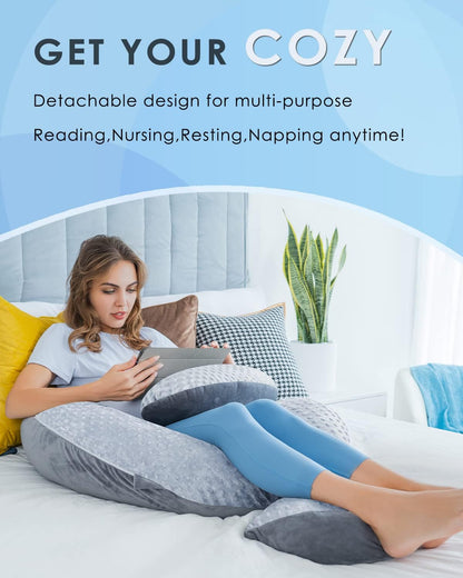 Queen Rose Pregnancy Pillow - E-Shaped Maternity Support with Detachable Wedge | 60-Inch Dual-Sided Velvet Cover in Grey