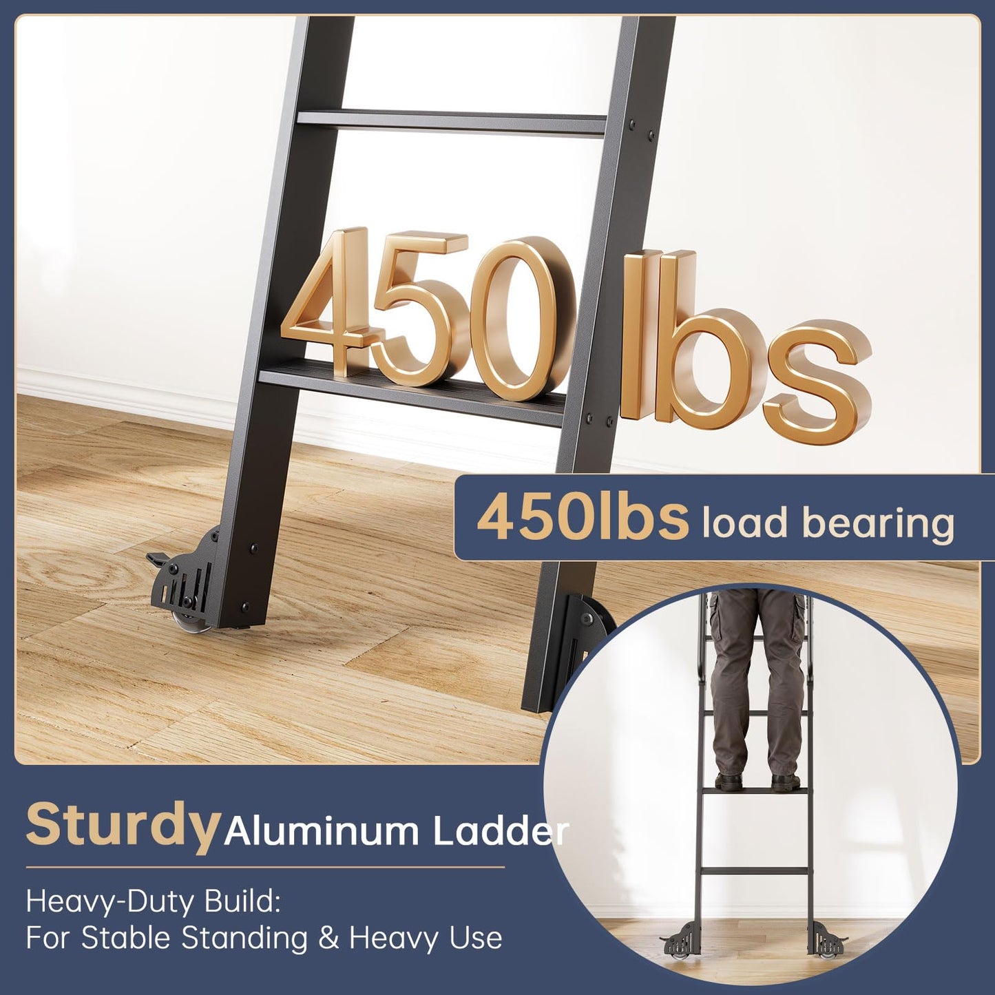 CEAKIAN 8FT Aluminum Rolling Library Ladder with 4FT Sliding Hardware Kit,Telescopic Hook Track with Brake Wheel,7 Steps with Handrail,450lbs Capacity,Black,Easy Assembly,for Loft Bookcase Attic Home