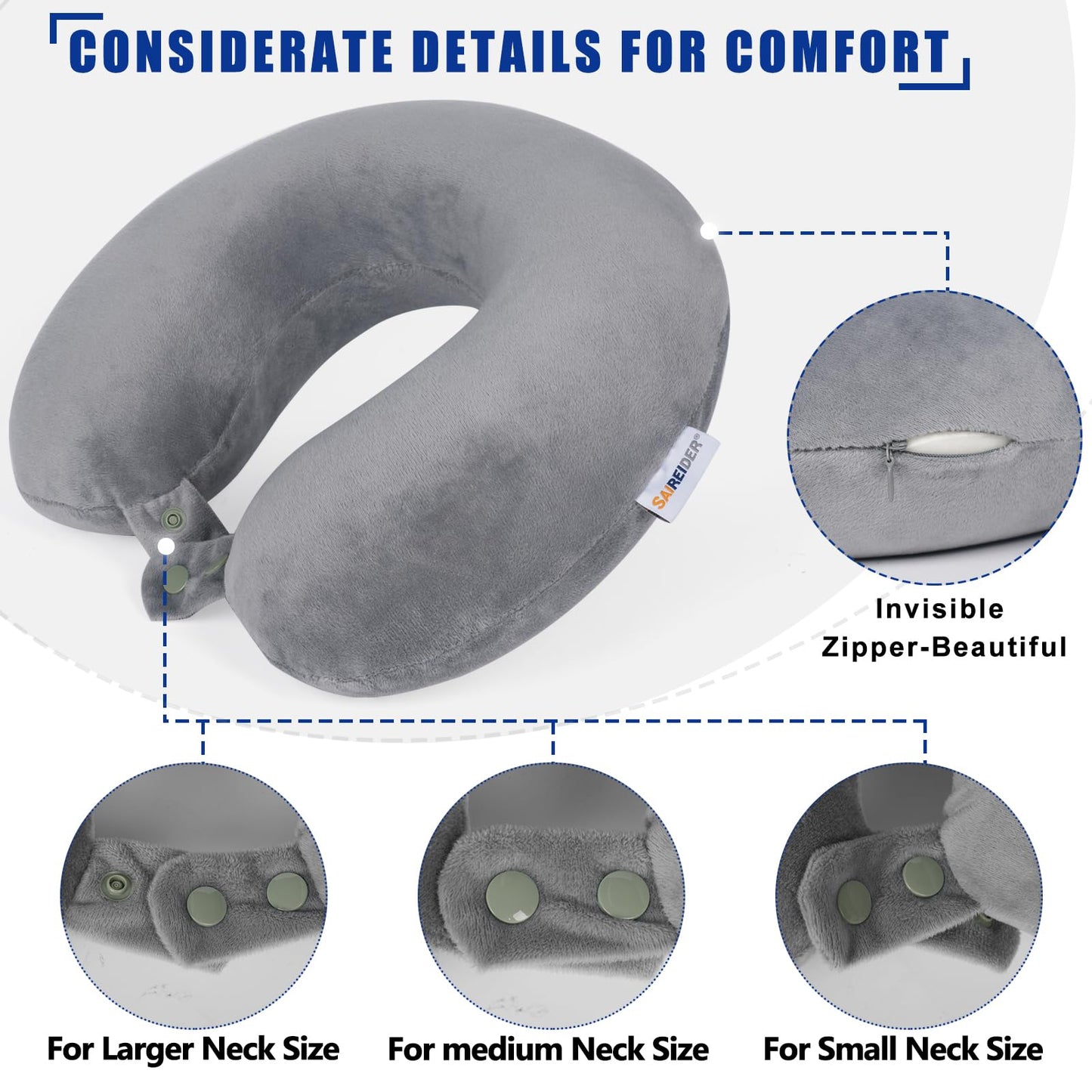 SAIREIDER Neck Pillows for Travel-Head Neck Support Travel Pillow for Traveling, Car, Home, Office Adjustable(Navy Blue)