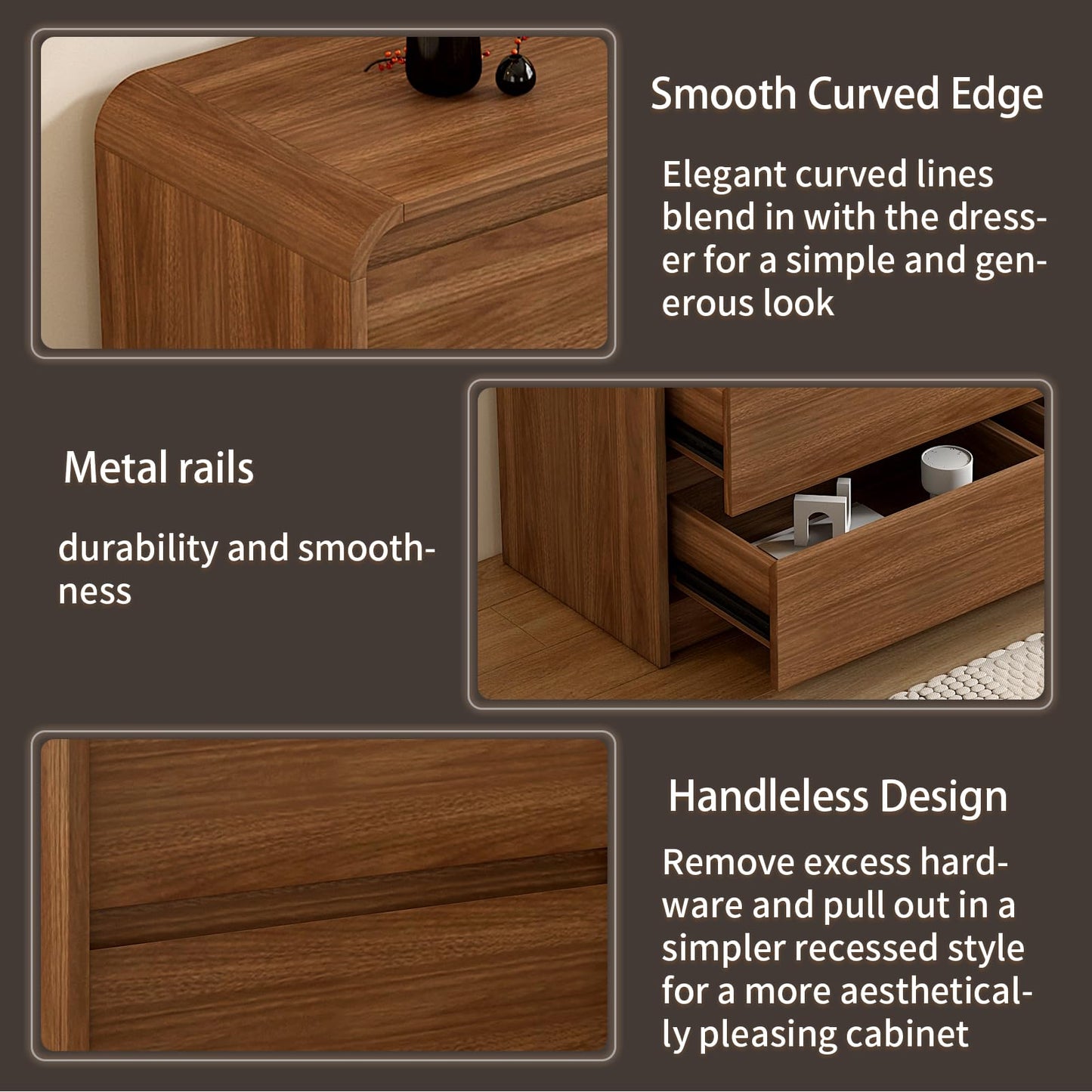 Messenya Modern 12-Drawer Dresser 63-Inch Wide, Curved Anti-Collision Design, Mid-Century Storage Cabinet with Pre-Embedded Slots, Sturdy Reusable, Ideal for Bedroom/Living Room/TV (Brown, 12-63)