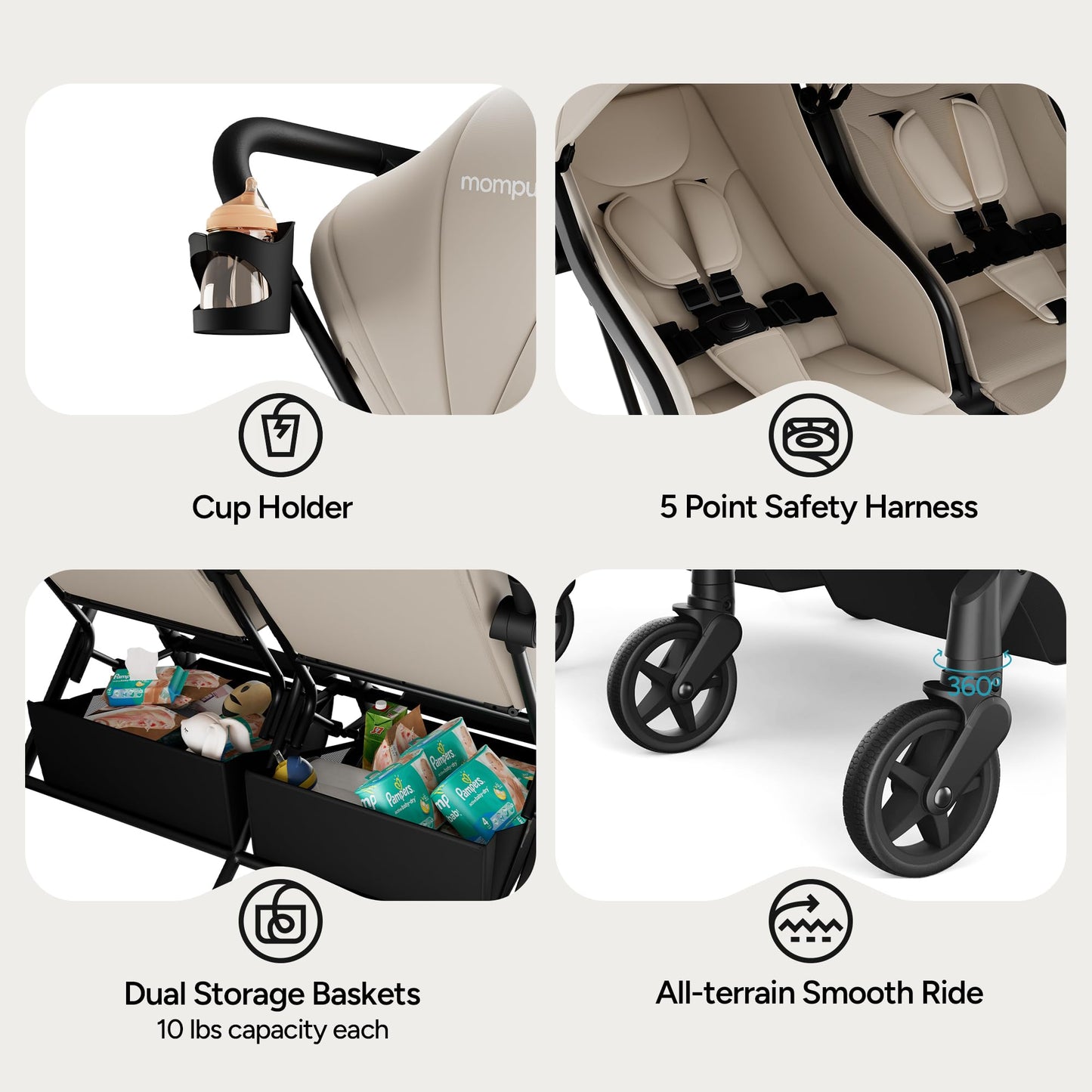 Mompush Lithe Double Stroller for Infant and Toddler, Lightweight Side by Side Twin Stroller, Only 25 lbs, 30-Inch Slim Fit Through Doorways, One-Step Fold, Independent Recline, UPF 50+ Canopy