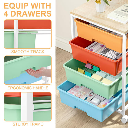 Utility-Rolling-Storage-Drawer-Craft-Cart-Organizer with 4 Drawers and Wooden Tabletop & Lockable Wheels for Home Office, Bedroom, Kids Room, Classroom, 4 Tiers Under Desk Drawer Cart, Macaron