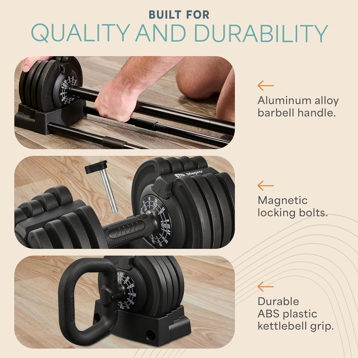 LifePro Adjustable Dumbbell Set, 3-in-1 Triform Barbell Kettlebell Weight Set — 2 to 43 lbs Turn-Dial Quick Adjust Weights for Home Gym, Compact Hand Weights for Women and Men