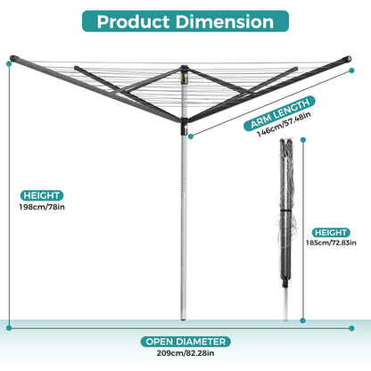 Sukkiri Homu Umbrella Drying Rack, Retractable Outdoor Drying Rack, Height Adjustable, 196 ft Long Clothesline, Holds 5 Laundry Loads, for Garden, with Ground Stake