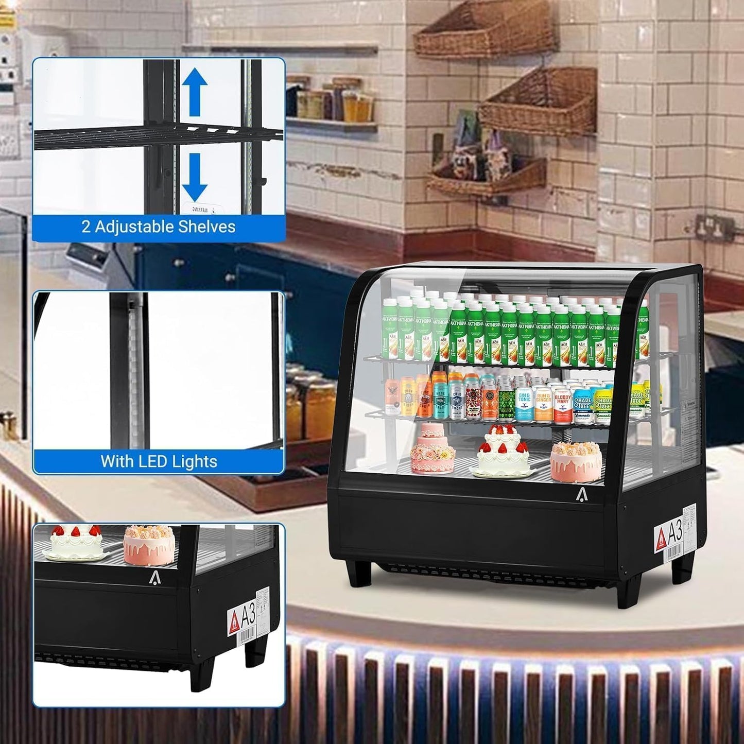 Commercial Display Refrigerator, 3.5 Cu.Ft Refrigerated Display Case with Adjustable Shelves and LED Lighting, Countertop Display Fridge with Rear Sliding Glass Door for Cafe, Restaurant, Bakery
