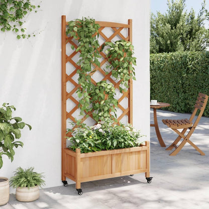 Foknhdi Brown Large Wood Planter with Trellis 62 inch Tall Elevated Plant Box on Wheels Mobile Raised Garden Bed for Climbing Vegetables Flowers Herbs Patio Balcony Outdoor