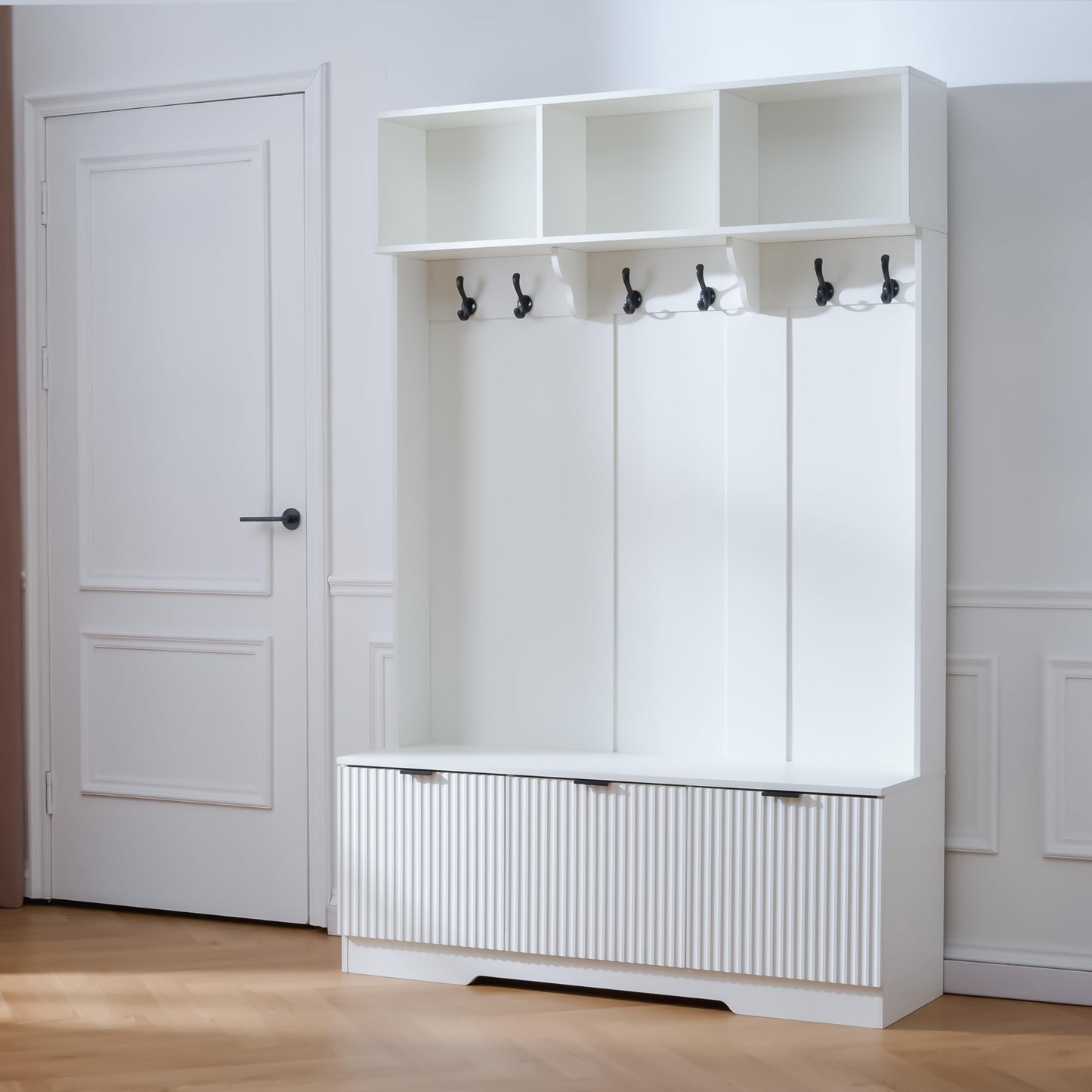 KEIKI 5-in-1 Hall Tree with Bench, Shoe Storage & 3 Open Storage Cabinets, Multi-Functionale Farmhouse Hall Tree with High Gloss Fluted Doors for Hallway Living Room, White