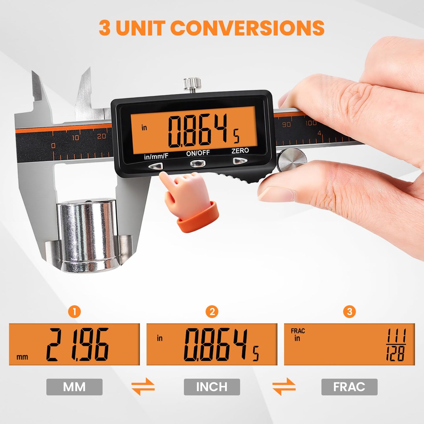 HARDELL Digital Caliper, Rechargeable Caliper Measuring Tool with Large Orange Screen, Stainless Steel Digital Micrometer with Auto-Off Feature -Inch/MM/Fraction for DIY/Household/3D-Printing