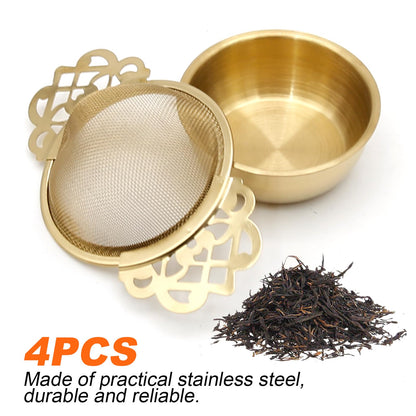 Aynaxcol 304 Stainless Steel Tea Drain Strainer Tea Filter Mesh Tea Drip Bowls Teapot Strainer With Petal Handles Tea Divider, Pack Of 4
