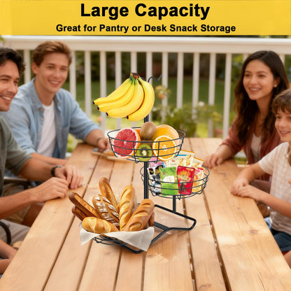 Winmien 3 Tier Fruit Basket Bowl with 2 Banana Hooks, Solid Metal Standing Vegetable Storage for Kitchen Counter, Large Capacity Organizer for Bread Snack Produce (Black)