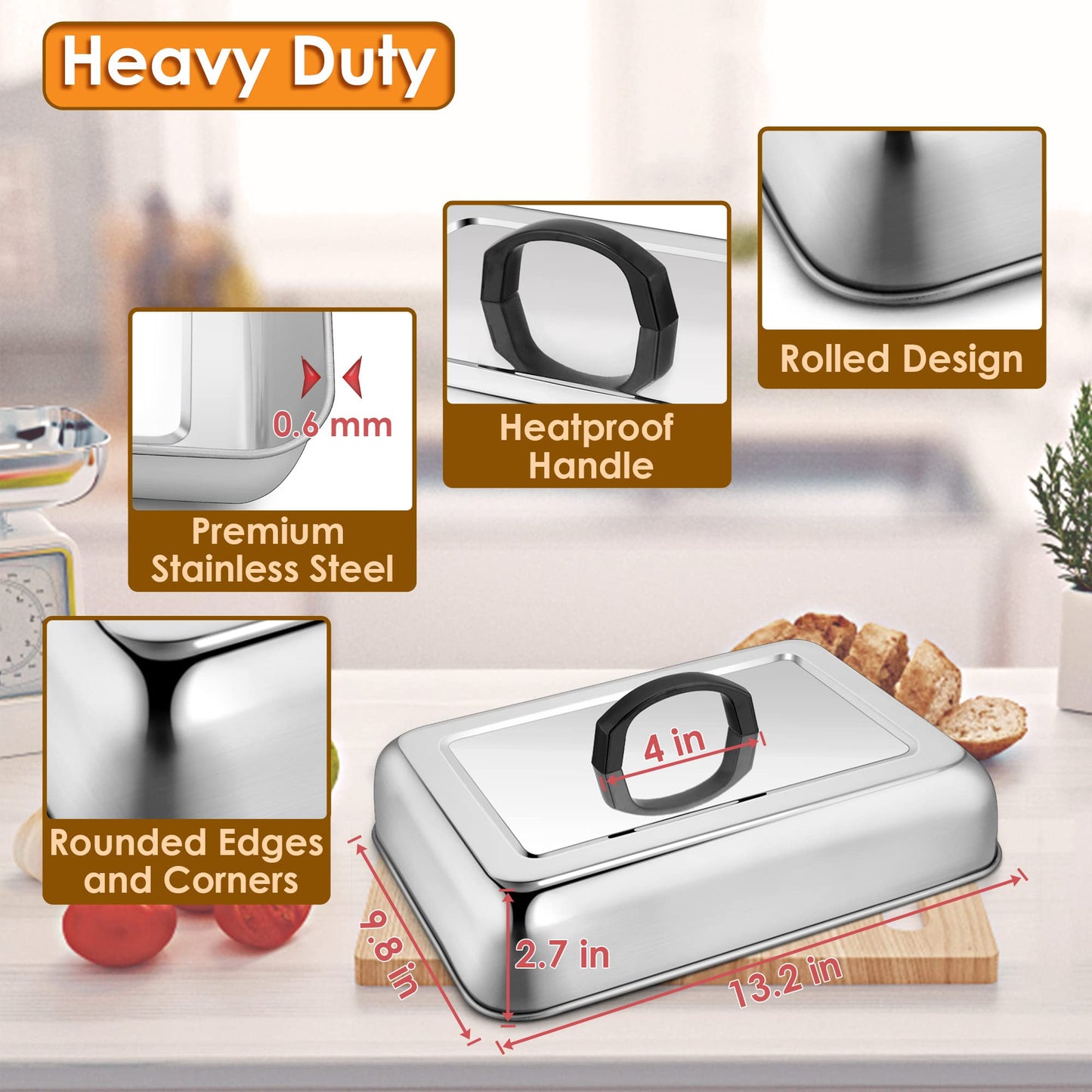 Leonyo 13" x 9" Rectangular Basting Cover Set of 2, Stainless Steel Heavy Duty Metal Cheese Melting Dome Lid for Outdoor & Indoor, Food Cover for Griddle, Dishwasher Safe