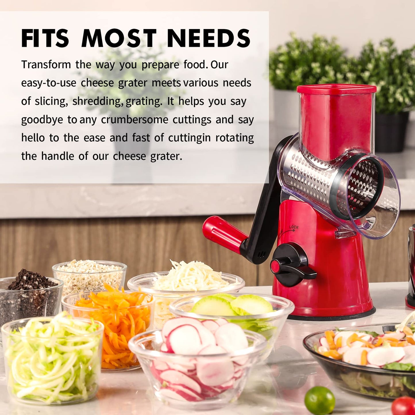 RIGSTNE Rotary Cheese Grater, 3 in 1 Cheese Shredder Grater Rotary with Handle, Vegetable Mandoline Slicer Shredder for Vegetable, Cheese, Nut