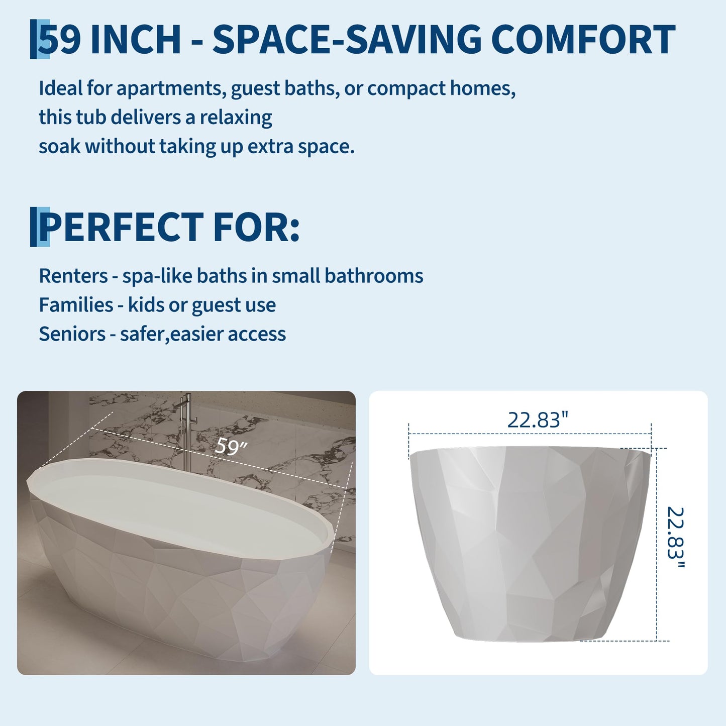 Freestanding Bathtub 59", Diamond Shape Acrylic Tub with Chrome Overflow & Pop-Up Drain, Modern White Soaking Tub for Bathroom