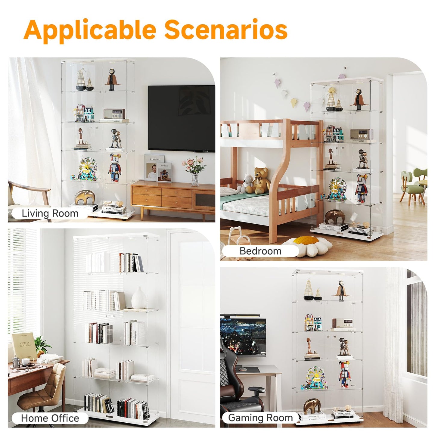 Zevemomo 5-Tier Tempered Glass Display Cabinet with Lights, Curio Cabinet with Glass Doors and Lock, Glass Display Case for Collectibles, for Living Room Bedroom Office, Double Door, White