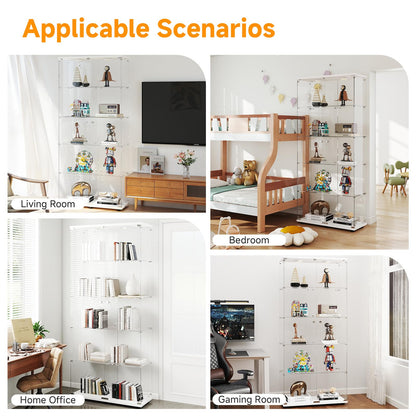 Zevemomo 5-Tier Tempered Glass Display Cabinet with Lights, Curio Cabinet with Glass Doors and Lock, Glass Display Case for Collectibles, for Living Room Bedroom Office, Double Door, White
