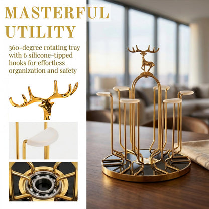 Pumtus Rotating Cup Drying Rack Stand, 6 Cups Drinking Glass Holder, Non-Slip Steel Mug Drainer Organizer, Glass Cup Stand with Silicone Protective Hooks, Tumbler Dryer Tree for Kitchen, Countertop