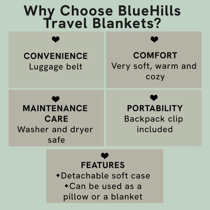 BlueHills Travel Blanket Pillow in Mini Soft Packable Case Premium Plush Airplane Blanket in Portable Compact Pack with Luggage Belt and Carabiner Long Flight Throw Essentials Lightweight- Black M05