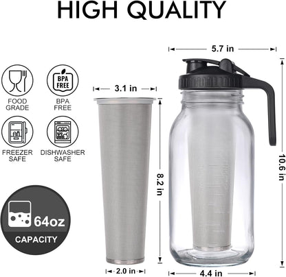 Cold Brew Mason Jar Iced Coffee Maker, 64 oz Durable Glass, Stainless Steel Filter for Iced Brew Coffee