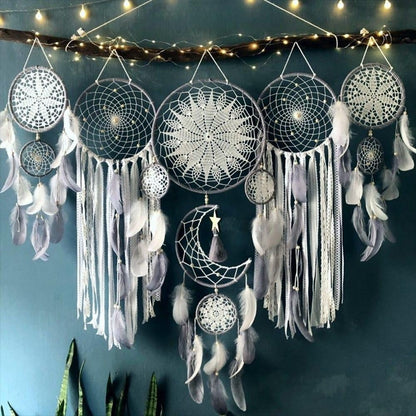 Boho Dream Catcher Wall Hanging Set of 5 Large Moon Dream Catchers with Luxurious Feathers and Beads, Handcrafted Wall Decoration for Bedrooms, Nurseries and Living Rooms (Gray)