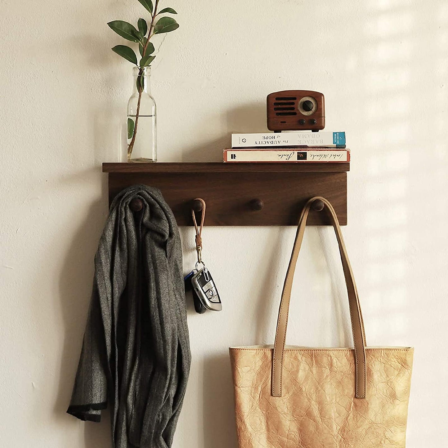 XAOMLP Entrance Coat Rack ，Coat Hooks, Wall-Mounted Wooden Hook Rack, Wall-Mounted Shelves are Very Suitable (Walnut Color Finish—A-1)