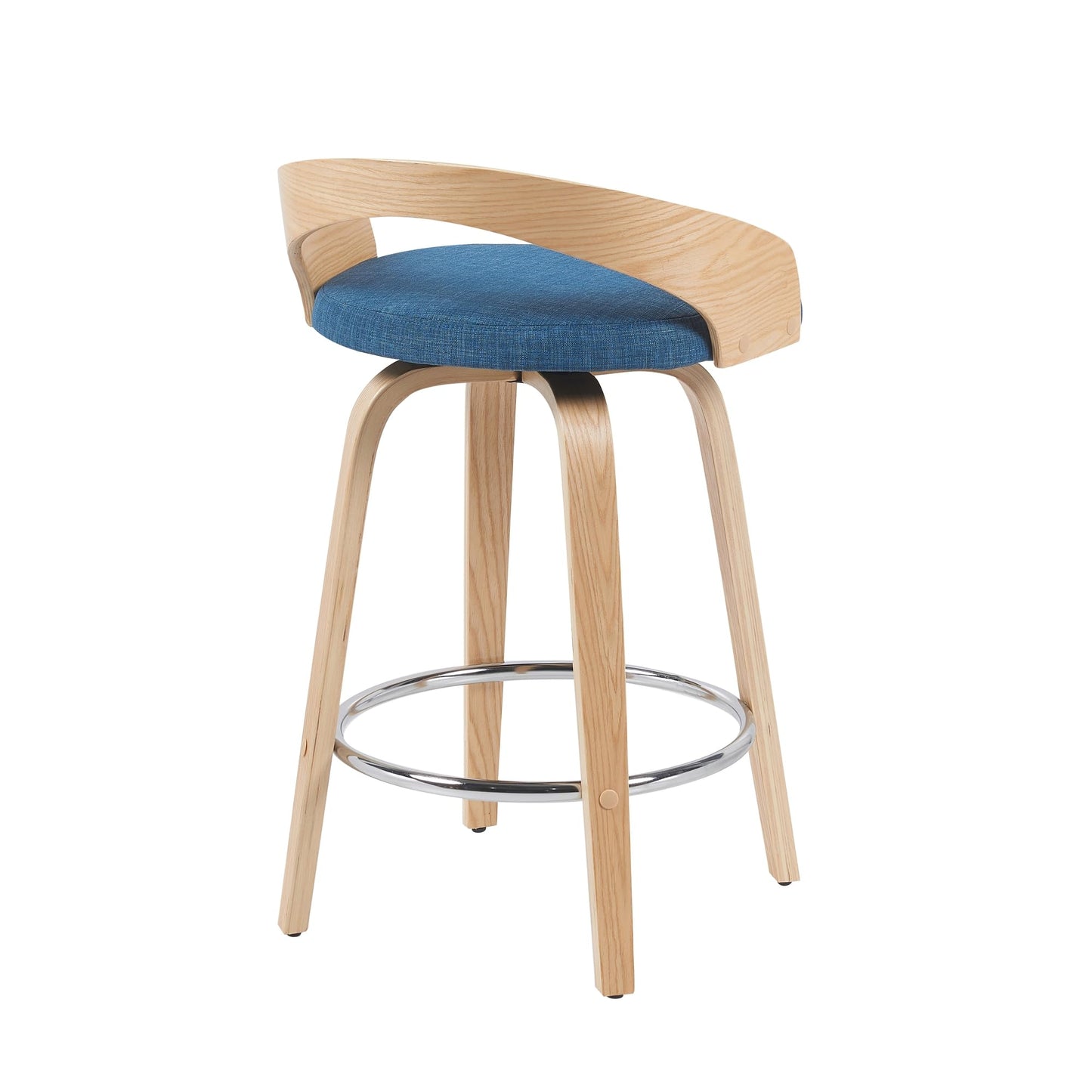 Sonia Modern Swivel Counter Height Bar Stool with Blue Upholstered Seat and Patterned Oak Wood Finish Set of 3