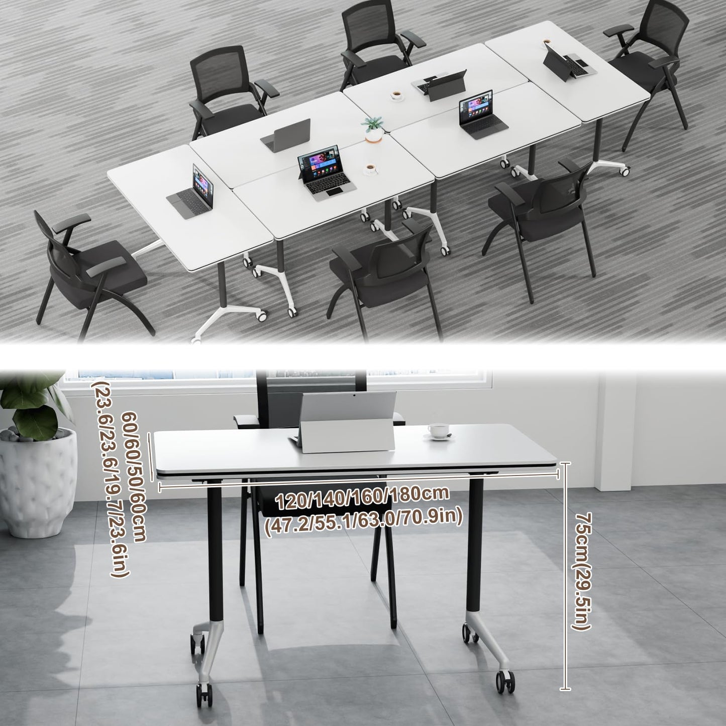 robwibw Folding Conference Room Table Modular Large Mobile Training Meeting Table Rolling Conference Tables with Wheels Seminar Tables for Office Training Classroom(6, Matte White, 63 INCH)