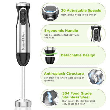 Bonsenkitchen Immersion Handheld Blender with Whisk, 20-Speed & Turbo Mode Hand Blender Stick 500W, 304 Stainless Steel Hand Blender for Soup, Smoothie, Puree, Baby Food