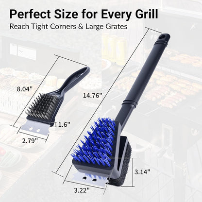 Skiennix Nylon Grill Brush - Safe Bristle-Free BBQ Cleaning Kit | 3-Piece Set for Outdoor Grills