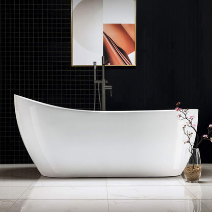 WOODBRIDGE 67" Acrylic Freestanding Bathtub Contemporary Soaking White Tub with Matte Black Overflow and Drain，B0001 -MB-Drain &O
